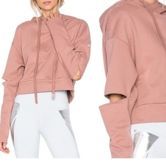Alo Yoga Peak Elbow Cut Out Crop Hoodie Sweatshirt Mauve in Size Small - Picture 1 of 8